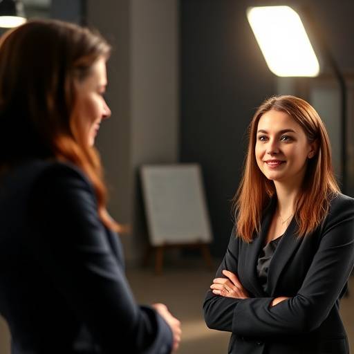 A person confidently answering interview questions in a professional setting